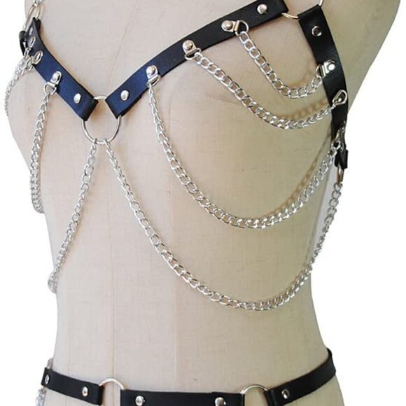 Black Layered Punk Top & Waist Chain Belt Leather Body Jewelry Bondage BDSM NWT - Picture 4 of 6